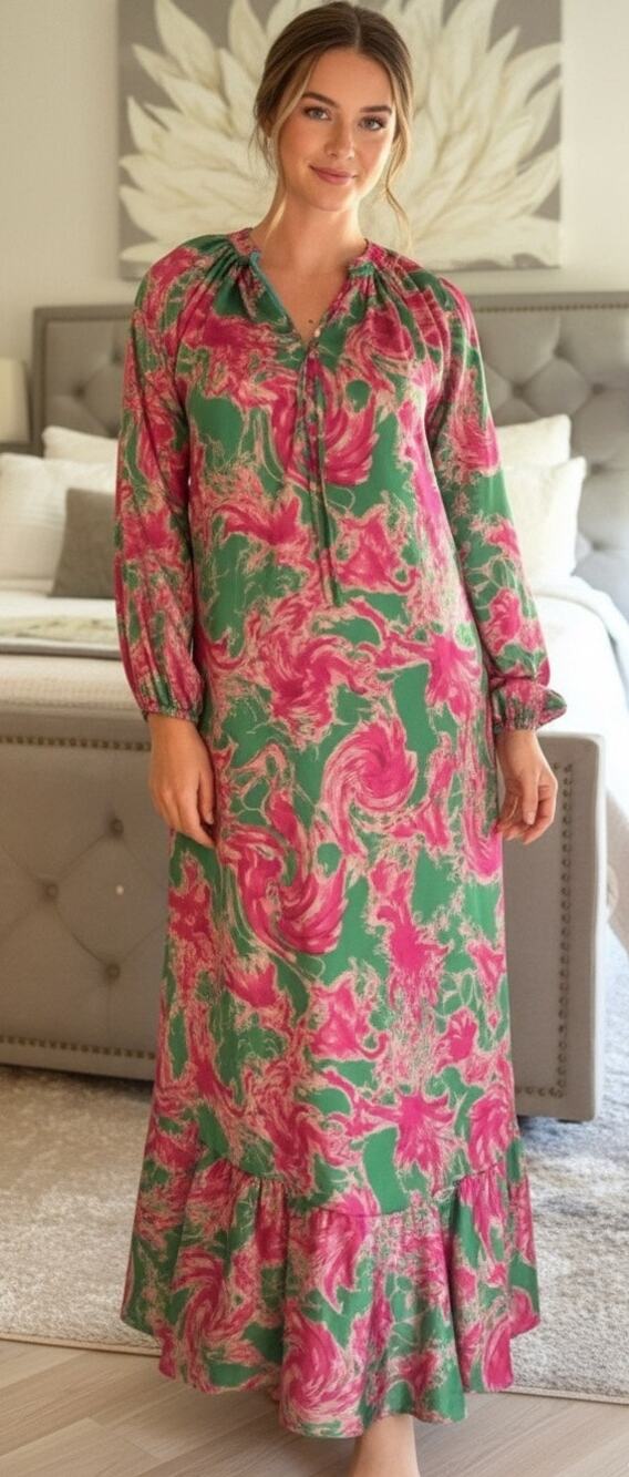 QUQA vibrant swirl print comfy maxi dress/house dress